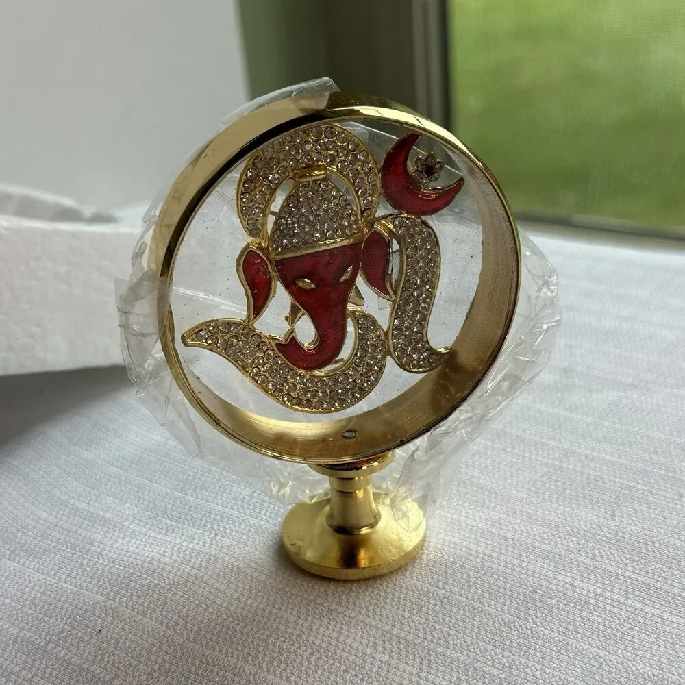 Om Shanti Ganesha Idol Figurine – Gold Red Jeweled Hindu Car Dashboard Statue